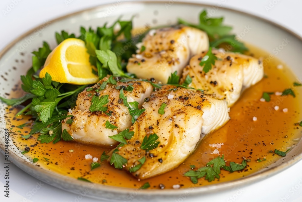 Gently Poached Halibut Fillets in Flavorful Beer Broth Gently Poached Halibut Fillets in Flavorful Beer Broth