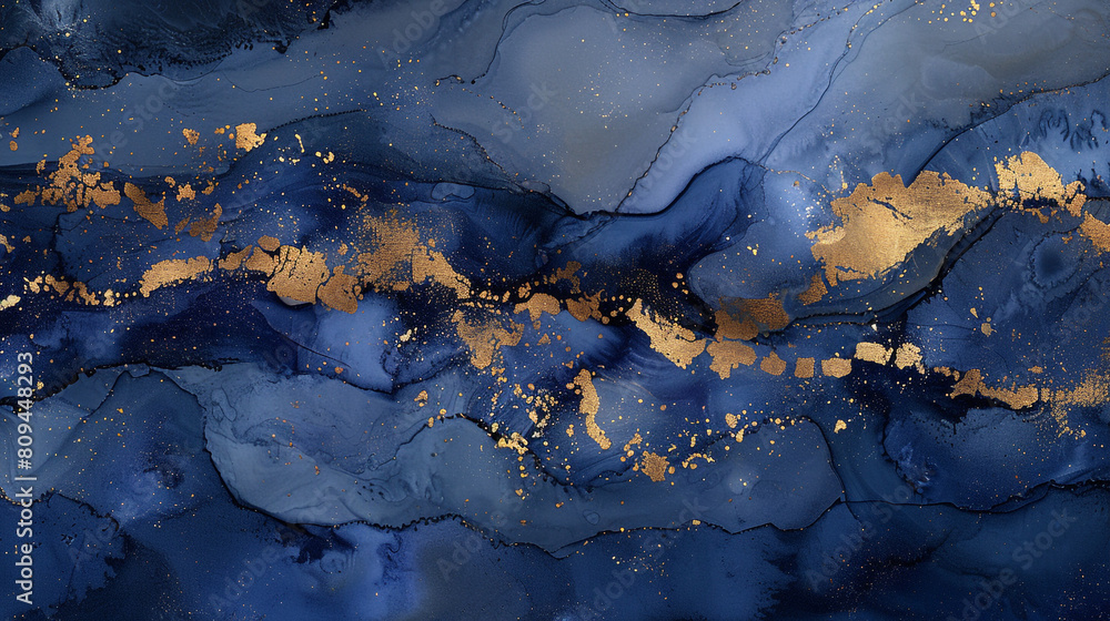 High quality abstract painting in indigo and gold, featuring alcohol ink and textured oil paint. High quality abstract painting in indigo and gold, featuring alcohol ink and textured oil paint.