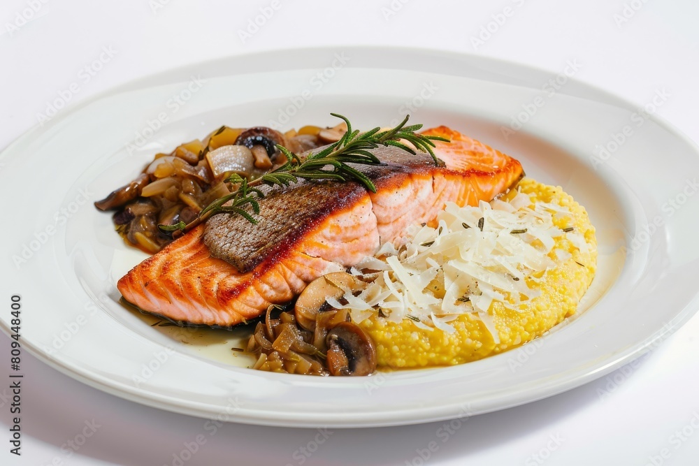 Alder Roasted Salmon on White Plate with Polenta and Ragout Alder Roasted Salmon on White Plate with Polenta and Ragout