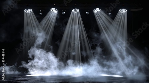 Dramatic stage lighting shines through mist at a live performance event. © Pro Hi-Res