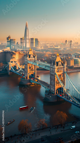 Cityscape of Tower Bridge at Sunset with Union Jack Flag, London, UK - A Blend of History & Modernity