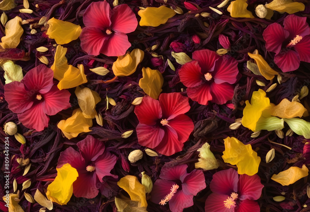 A dried hibiscus flower and other herbs on a wooden table