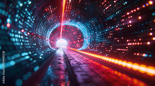 A secure data transfer depicted as a stream of light passing through a digital tunnel with encryption symbols.