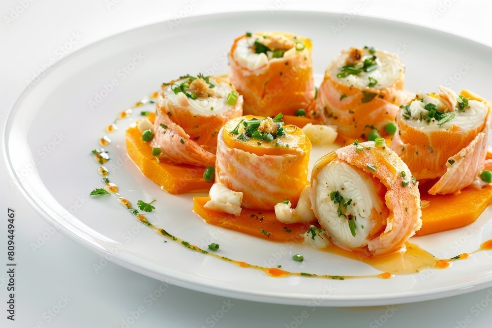 Alaskan Halibut, Salmon, and Crab Roulade with Brie and Herb Filling Alaskan Halibut, Salmon, and Crab Roulade with Brie and Herb Filling