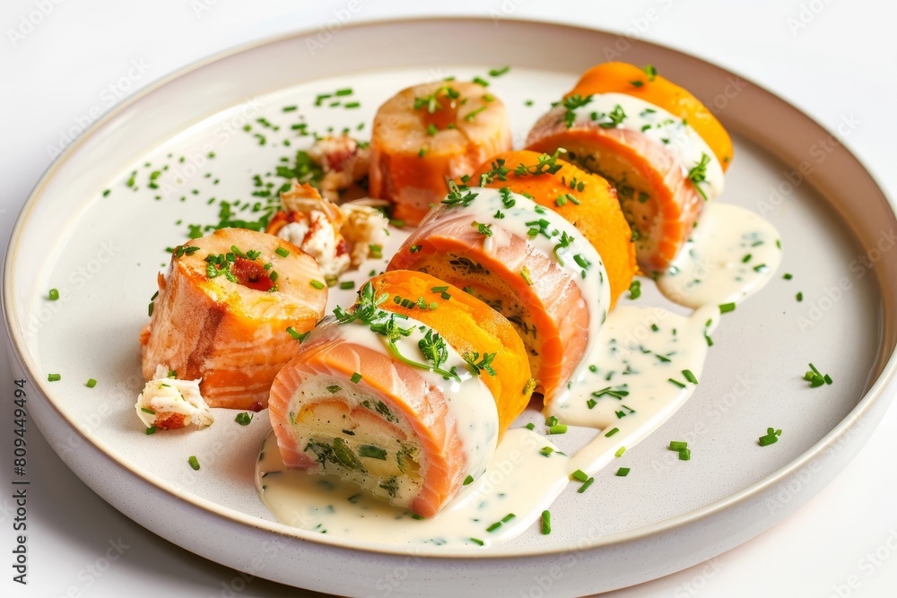 Alaskan Seafood Roulade with Caramelized Yams and Fresh Herbs