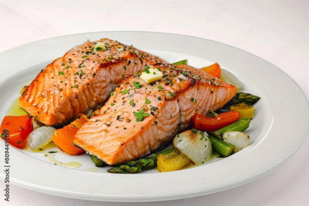 Seared Alaska Sockeye Salmon with Garlic and Herbs on Sautéed Vegetables Seared Alaska Sockeye Salmon with Garlic and Herbs on Sautéed Vegetables