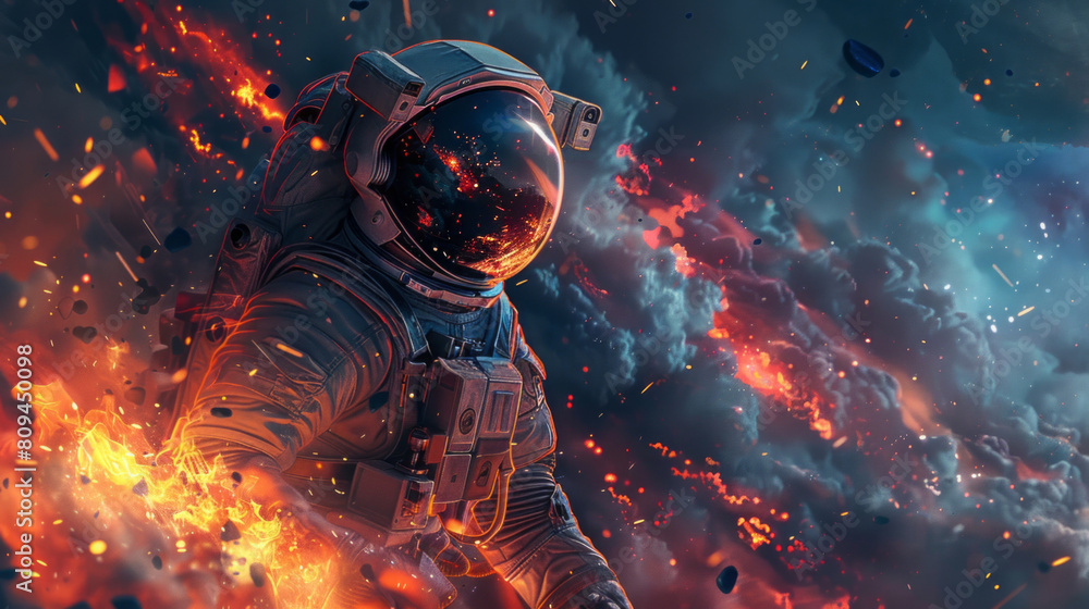 An astronaut in space, with their helmet reflecting the swirling colors of an exploding nebula. An astronaut in space, with their helmet reflecting the swirling colors of an exploding nebula.