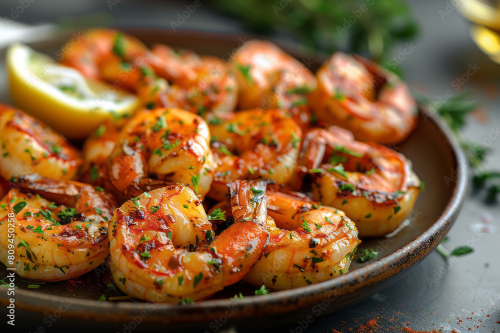 A plate of shrimp, showcasing their golden brown shells and vibrant pink colors inside, garnished with fresh herbs. A plate of shrimp, showcasing their golden brown shells and vibrant pink colors inside, garnished with fresh herbs.