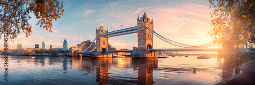 Cityscape of Tower Bridge at Sunset with Union Jack Flag, London, UK - A Blend of History & Modernity