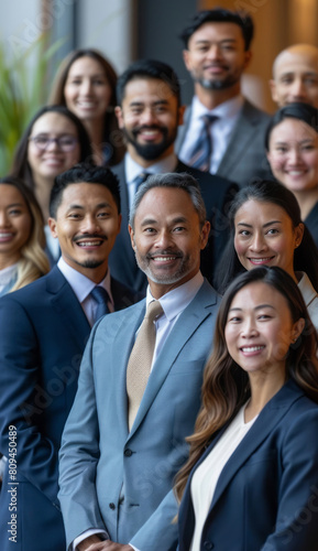 A diverse group of businesspeople standing in an office, smiling and looking at the camera with confidence, wearing suits and ties or dresses, representing different ages and ethnicities.