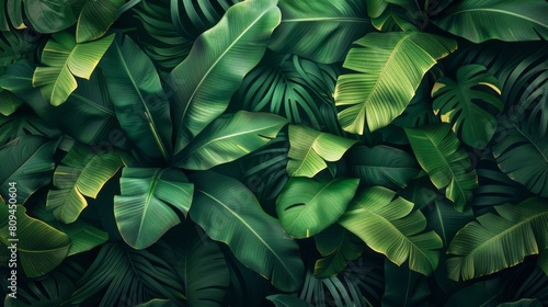 A green leaves background in a vector illustration, providing a dark jungle texture with a banana leaf pattern for wallpaper, poster, or banner design.