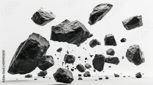 A group of floating rocks flying in the air, in a 3d rendering with a white background, depicting a large meteorite broken into several pieces and flying through space.