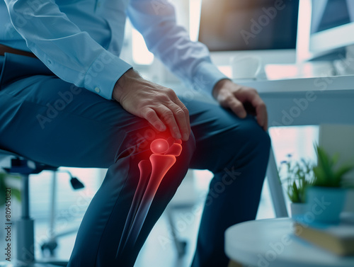 Professional Man with Knee Pain at Desk in Modern Office, Health Issues Concept