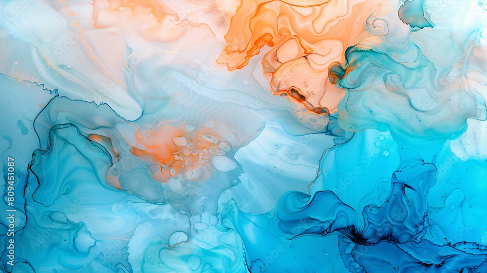 Pale blue and rich tangerine alcohol ink abstract, with detailed oil paint textures. Pale blue and rich tangerine alcohol ink abstract, with detailed oil paint textures.