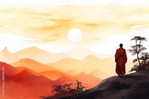 A lone monk in saffron robes, watercolor backdrop of a Himalayan sunrise behind his silhouette, cartoon watercolors, soft color