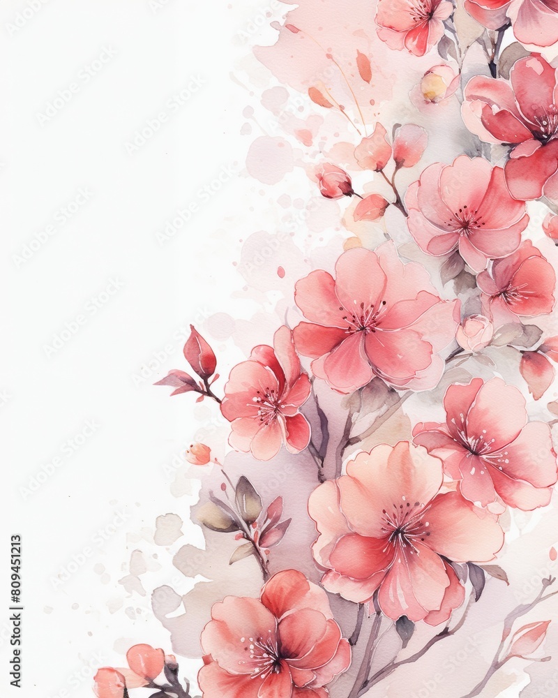 A beautifully crafted watercolor card background featuring delicate pink Japanese Sakura blossoms, enhanced with subtle ink wash effects.