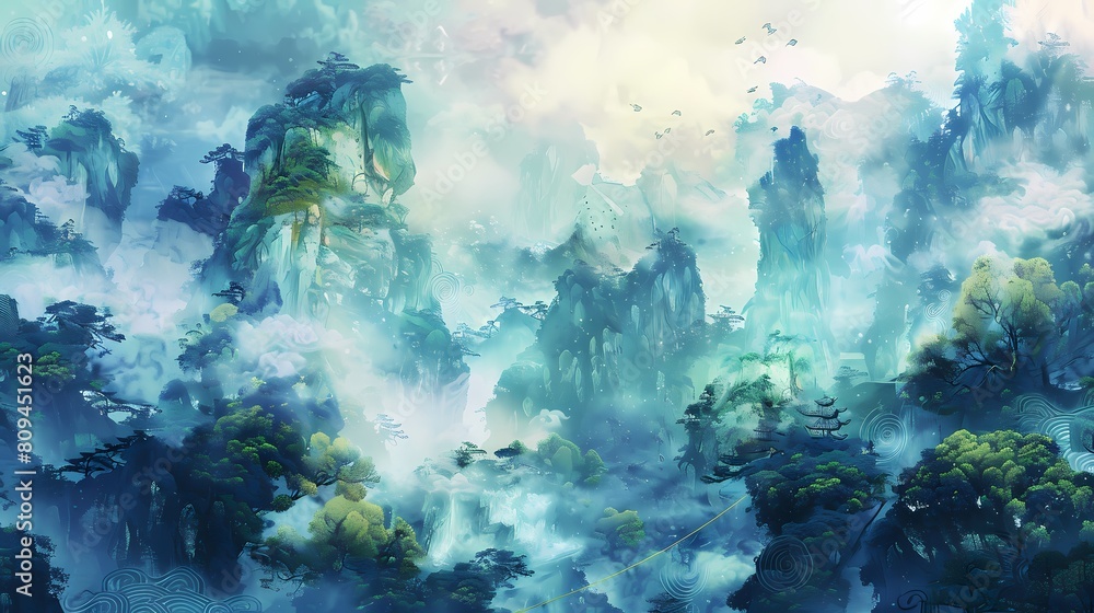 Obraz premium Green and white jade carving landscape painting poster background