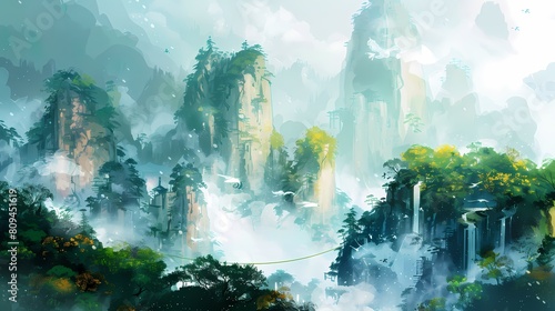 Green and white jade carving landscape painting poster background