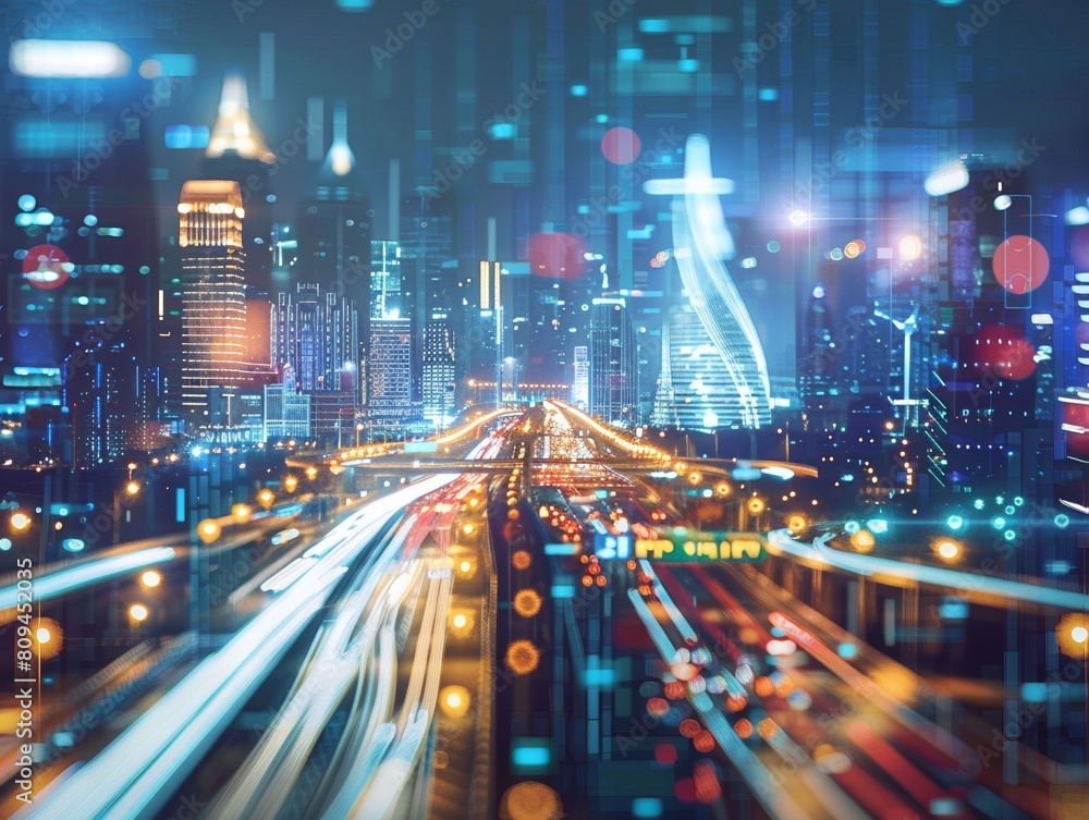 Futuristic Cityscape with Glowing Traffic Trails Futuristic Cityscape with Glowing Traffic Trails