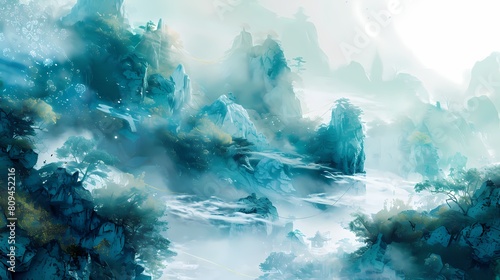 Green and white jade carving landscape painting poster background photo