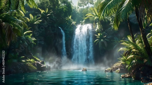  A majestic waterfall plunging into a hidden emerald pool, surrounded by lush tropical foliage. . 
 photo