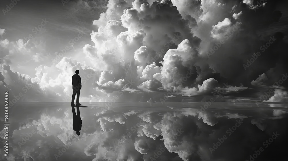 Obraz premium Above the clouds, alone man right under clouds on sky -
