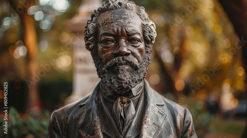 An image of a weathered statue of an African American historical figure, such as Frederick Douglass or Harriet Tubman. photo