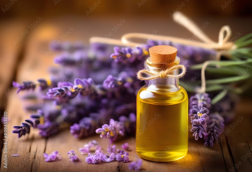 A lavender flower with a bottle of essential oil on a wooden table A lavender flower with a bottle of essential oil on a wooden table