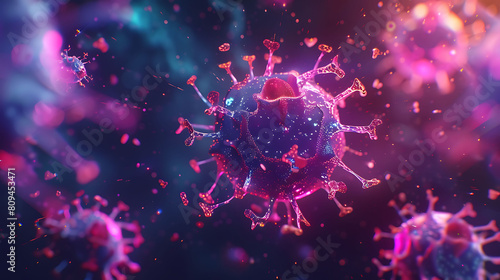 An abstract representation of a virus being quarantined by antivirus software, with vibrant colors against a dark background. photo