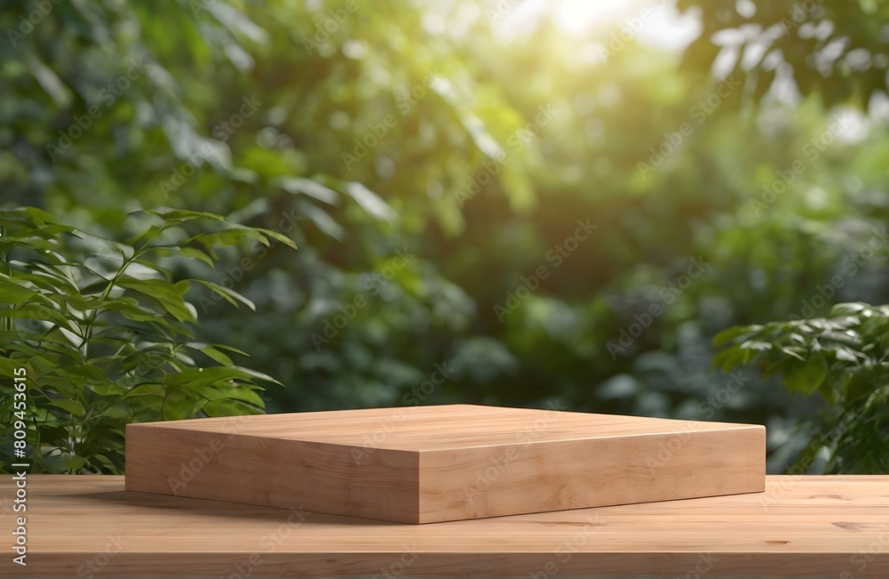 Wooden product display podium with blurred nature leaves background. 3D rendering Wooden product display podium with blurred nature leaves background. 3D rendering