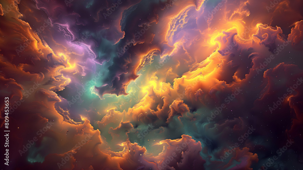A cosmic spectacle of colors dancing amidst celestial fog