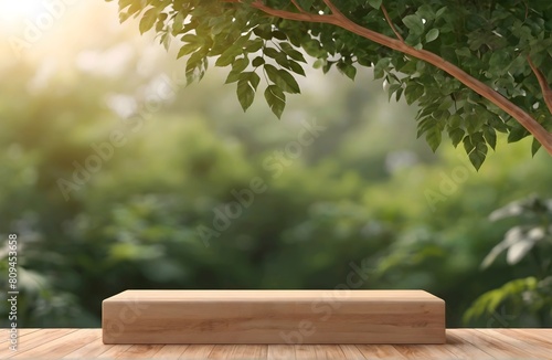Wooden product display podium with blurred nature leaves background. 3D rendering