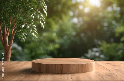 Wooden product display podium with blurred nature leaves background. 3D rendering