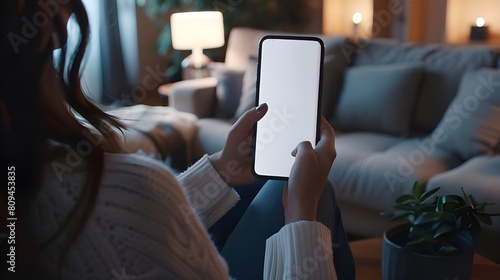Happy young woman holding mobile smartphone with blank white screen background while resting on the sofa in living room at home