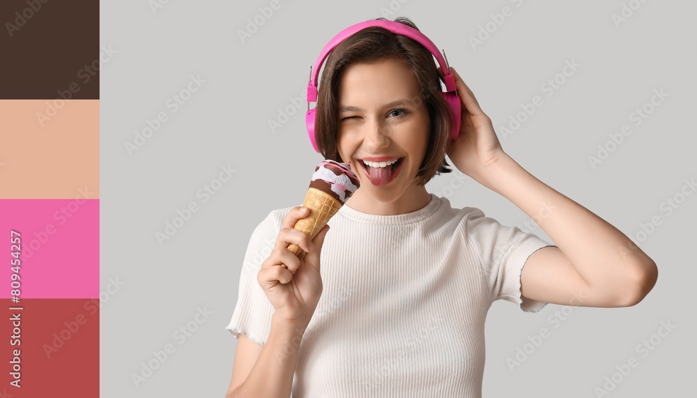 Happy young woman with ice-cream and headphones on grey background. Different color patterns Happy young woman with ice-cream and headphones on grey background. Different color patterns
