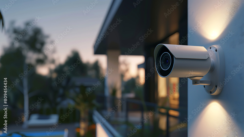 Outdoor security camera mounted on the side wall outside a modern home, emphasizing high-tech safety features 