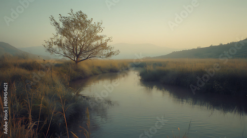 A serene and tranquil landscape. Serenity. Wide-angle lens. Soft morning light. Dreamy and ethereal. 