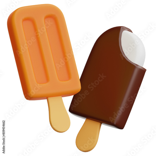 3d icon illustration of orange popsicles and chocolate ice cream.