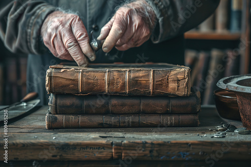 Artisan gently restores ancient book spine, preserving its historical significance. photo