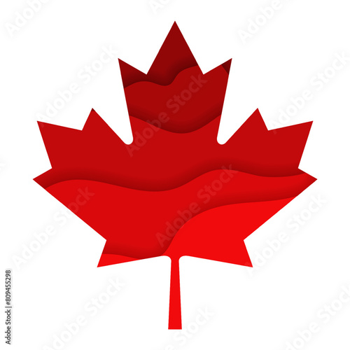 Vector illustration of red maple leaf in paper cut effect on transparent background