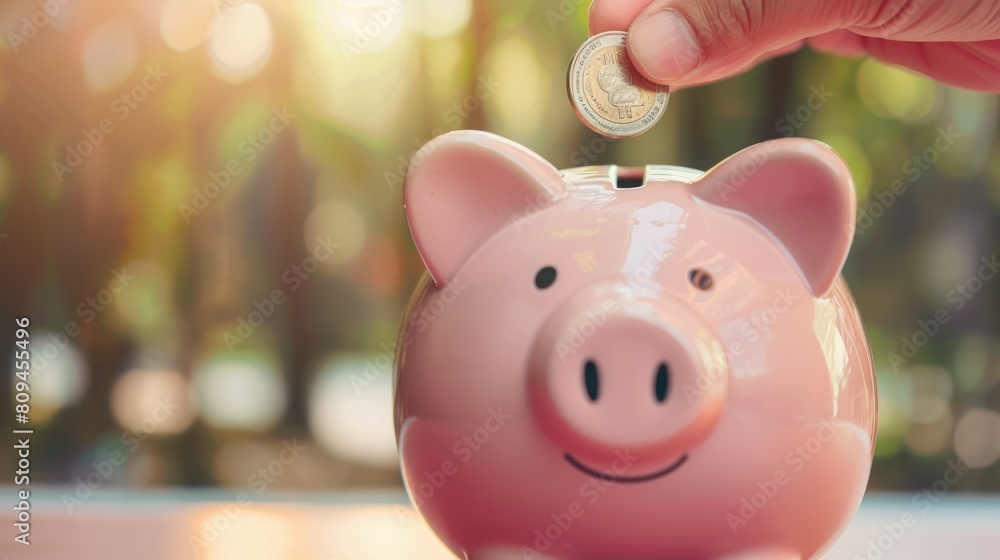 Close up of hand putting coin into piggy bank for saving money wealth, Concept investment for financial freedom plan Close up of hand putting coin into piggy bank for saving money wealth, Concept investment for financial freedom plan