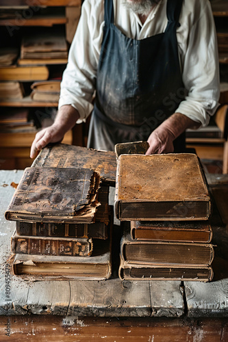 Artisan gently restores ancient book spine, preserving its historical significance.