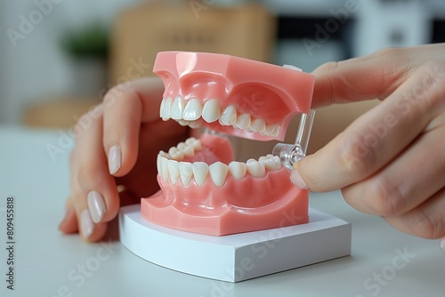 A close up image of a dental model used for demonstrating proper oral hygiene techniques.