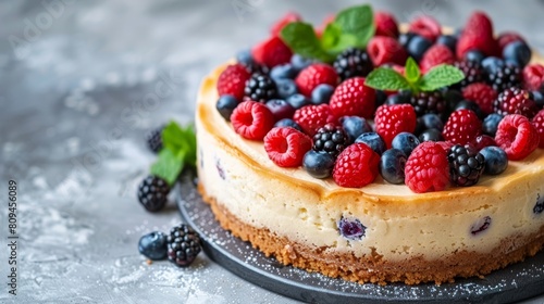   A cheesecake  topped with red and blue berries  sits atop a black plate A fresh mint leaf rests elegantly at its peak