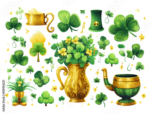 Saint Patrick's Day, St Patty sticker vector set. Luck symbols, green beer, hand holds three and four-leaf clover, a wicker basket full of shamrock, rainbow with a pot of leprechaun gold on the end
