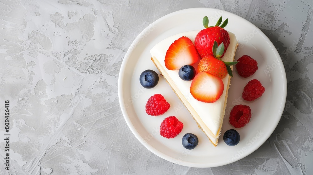 A white plate holds a sliced cheesecake, garnished with strawberries and blueberries A white plate holds a sliced cheesecake, garnished with strawberries and blueberries