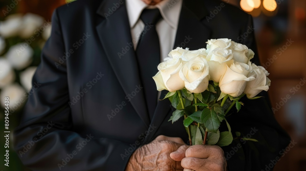 Close up of mature widower in black suit holding whiter roses while standing at his wife funeral Close up of mature widower in black suit holding whiter roses while standing at his wife funeral