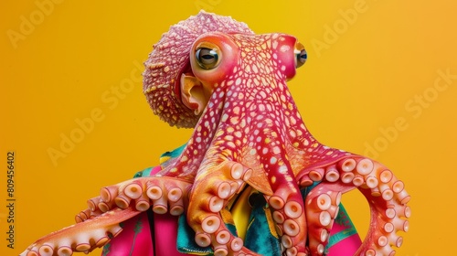 Colorful octopus on vivid yellow background