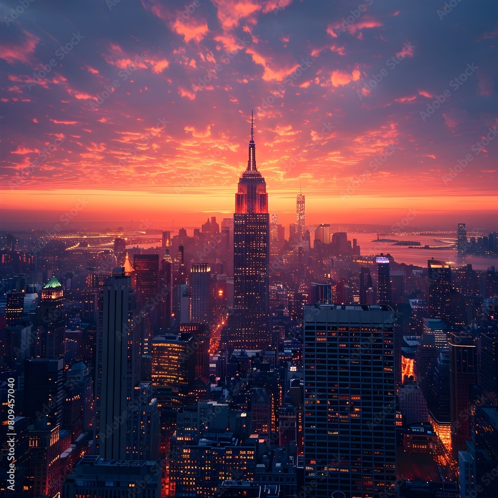 Obraz premium Vibrant Cityscape Silhouetted Against Breathtaking Sunset Sky with Towering Skyscrapers and High