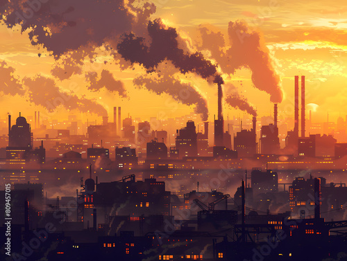A factory emitting CO2 into the atmosphere  exacerbating the effects of global warming.Cityscape transformed by the impacts of climate change.A factory themes of global warming  pollution  sustainabe.